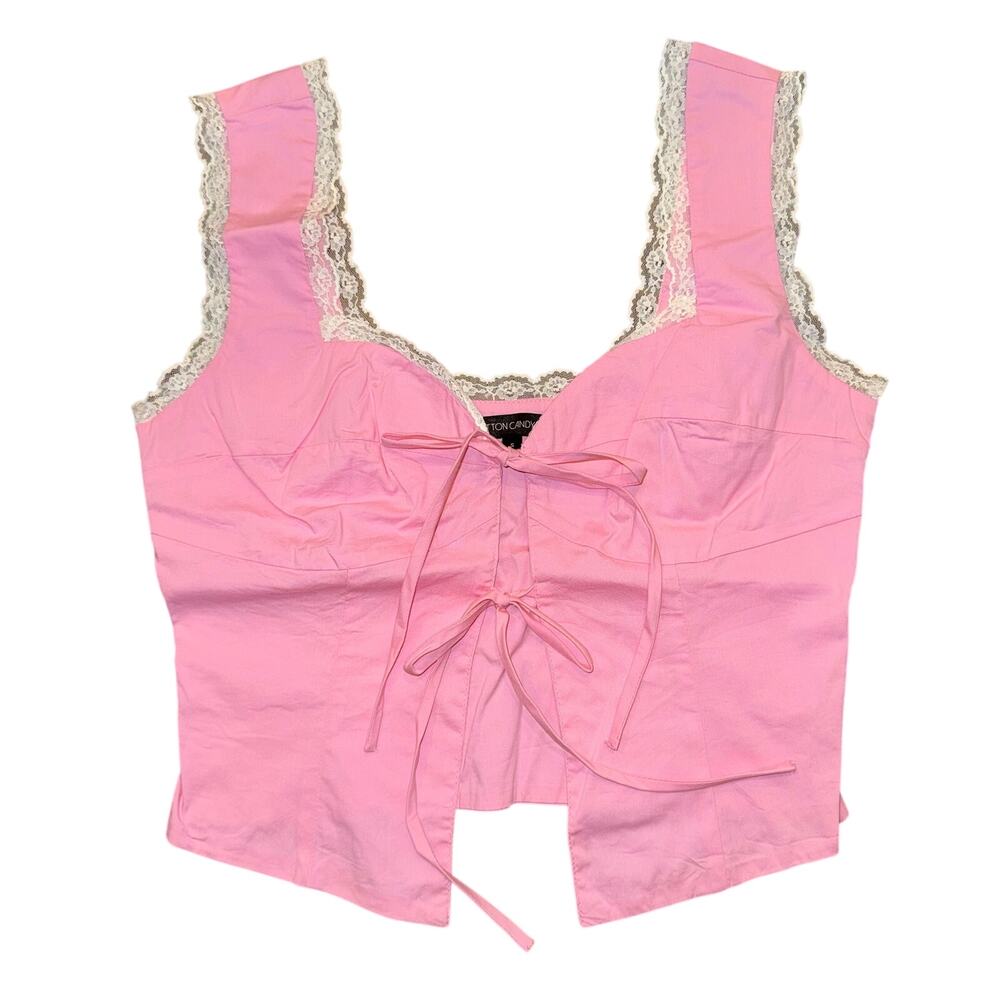 Cotton Candy LA Pink Tie-Front Corset Crop Top Small Lace Coquette